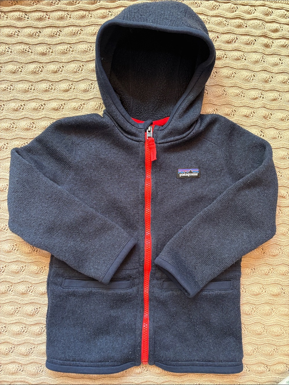 Patagonia Kids Navy Hooded Zip Fleece with Red Zipper